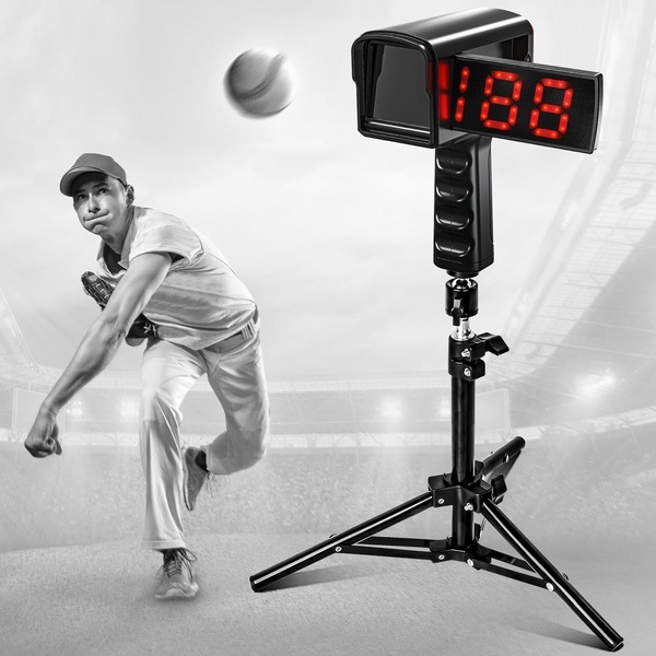speed radar gun, baseball speed gun, pitching radar, sports speed tracker, velocity monitor, product demo, lifestyle, energetic, trustworthy, neutral, black
